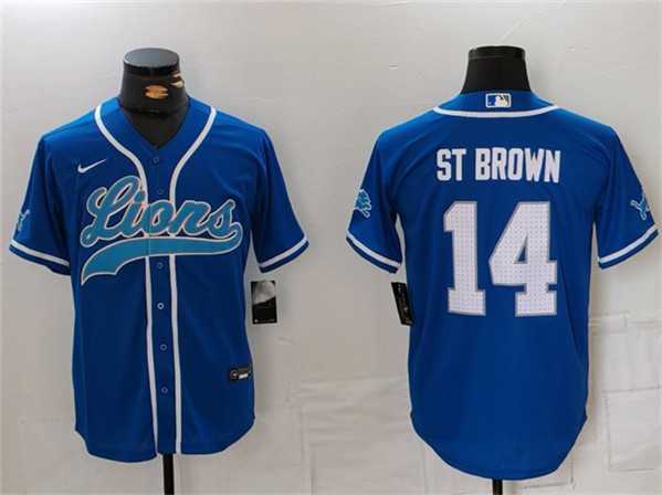 Men%27s Detroit Lions #14 Amon-Ra St. Brown Blue Cool Base Stitched Baseball Jersey
